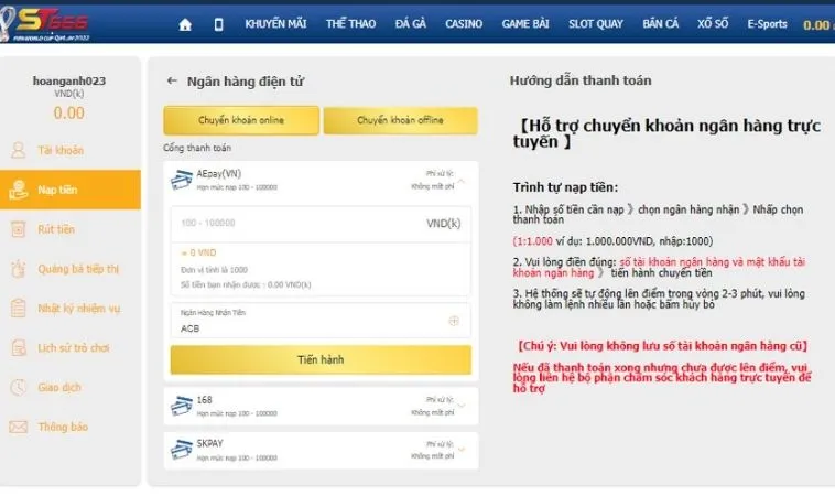 Cách Nạp Tiền ST666 Dễ Dàng Nhất Dành Cho Người Mới 2 Giao diện nạp tiền ST666
